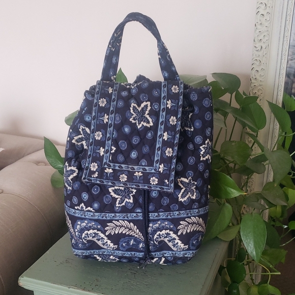 Vintage Vera Bradley Blue Coin Quilted Drawstring Backpack Bag - Picture 1 of 8